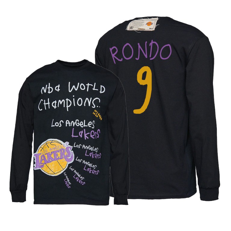 Men's Los Angeles Lakers Rajon Rondo #9 NBA 2020 Long Sleeve Finals Champions Black Basketball T-Shirt ZNA0083DD